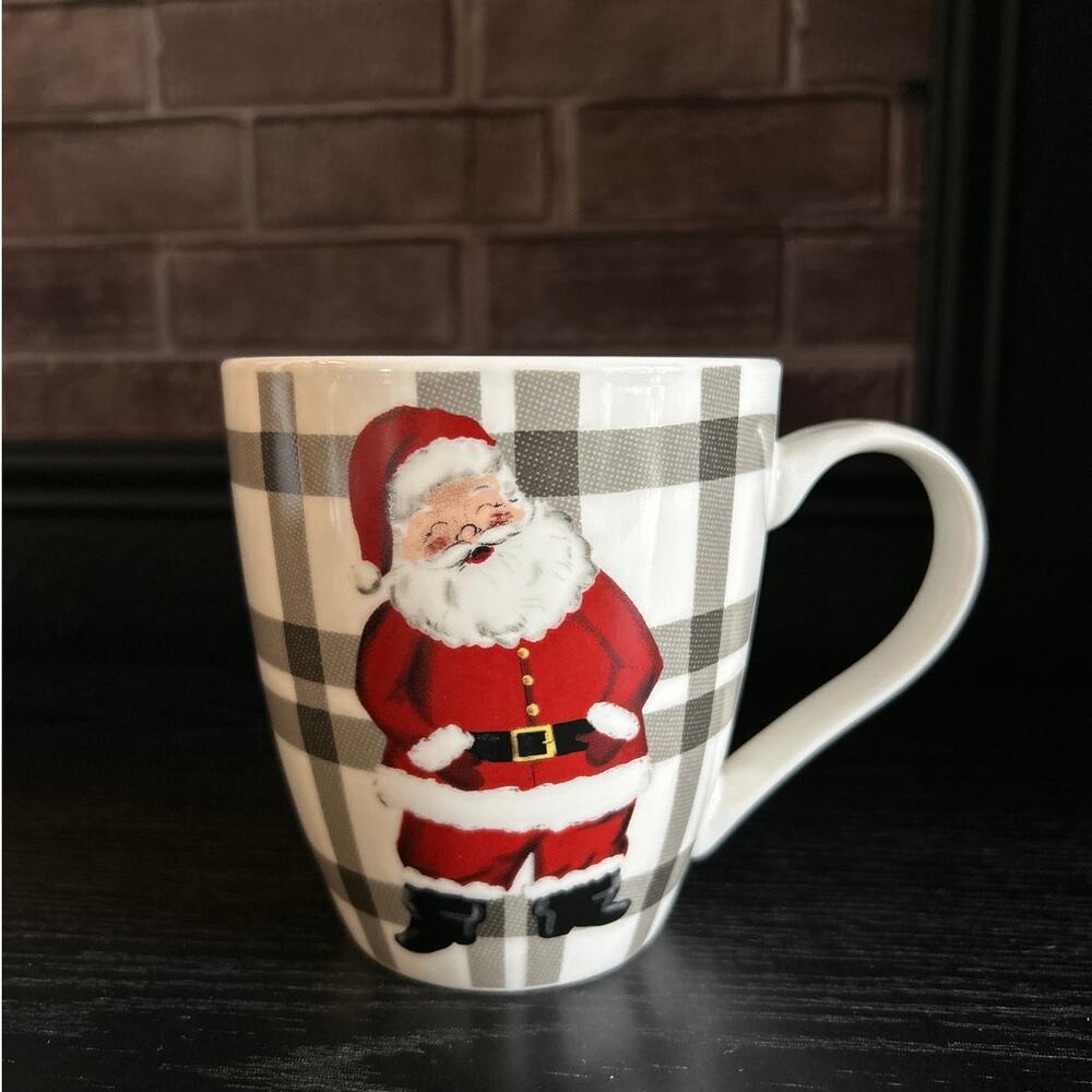 Joyland Santa Mug Christmas Gray White Buffalo Plaid Porcelain Coffee Cup Large